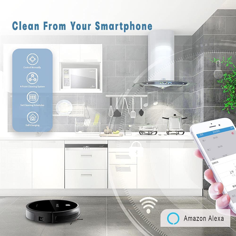 Smartphone displaying the IMASS robot vacuum control app with options for manual control, cleaning system, scheduling, and self-charging.