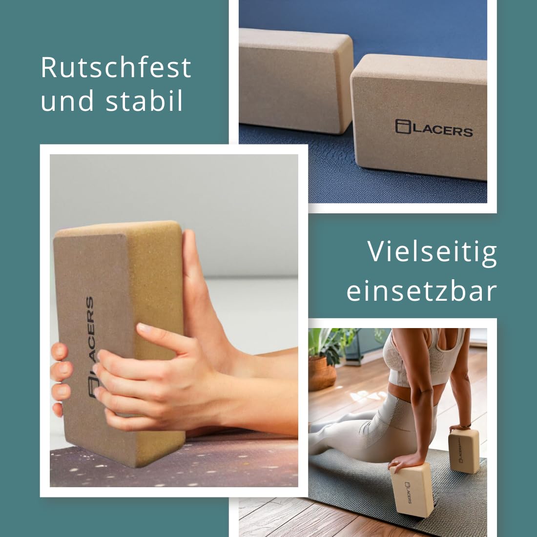 Lacers PetrolLine Yoga Block Kork – Rutschfester Yogablock aus Naturkork | Stabiler Yogaklotz als Hilfsmittel für Yoga, Pilates & Dehnung | Zubehör für Anfänger & Profis