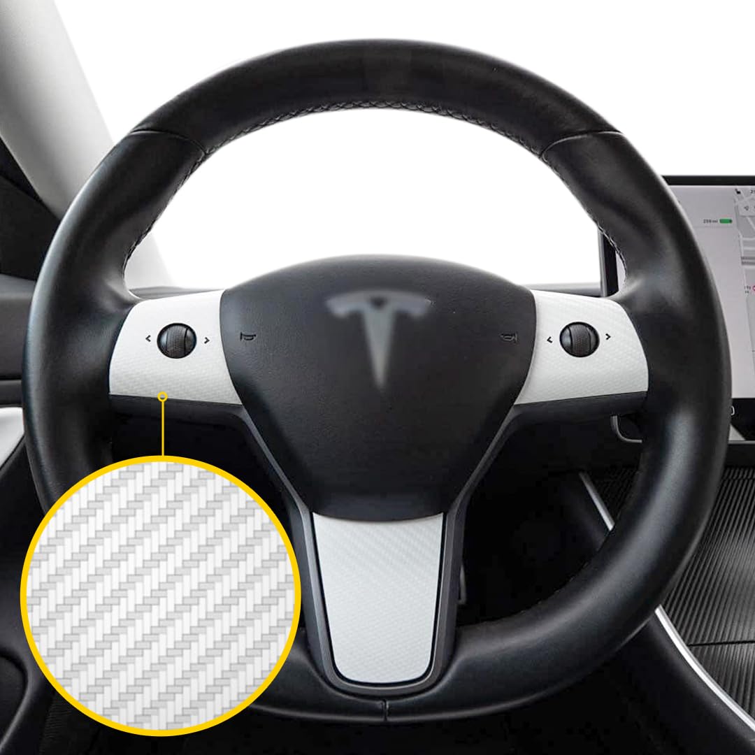 EV Armor Tesla Model 3 Steering Wheel Vinyl Wrap - Carbon Fiber White