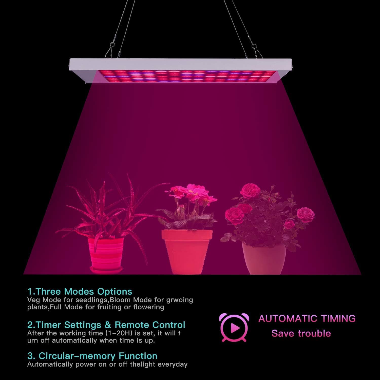 Lamparas de cultivo Luz LED de crecimiento, lámpara de planta de espectro completo con 98 LEDs, Cultivo Hidropónicos VETS Luz de paneles de floración (Negro)