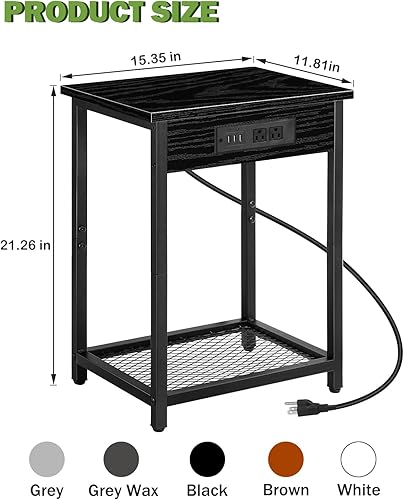 Miniatura 2 de MOOACE Juego de 2 mesitas de noche, mesa auxiliar con estación de carga, estante de almacenamiento abierto de 2 niveles, mesa de noche para espacios