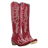Yolkomo Western Cowboy Boots for Women Red Knee High Cowgirl Boots Pointed Toe Low Heel Embroidered Pull-On Zipper Leather Distressed Western Booties Size 8