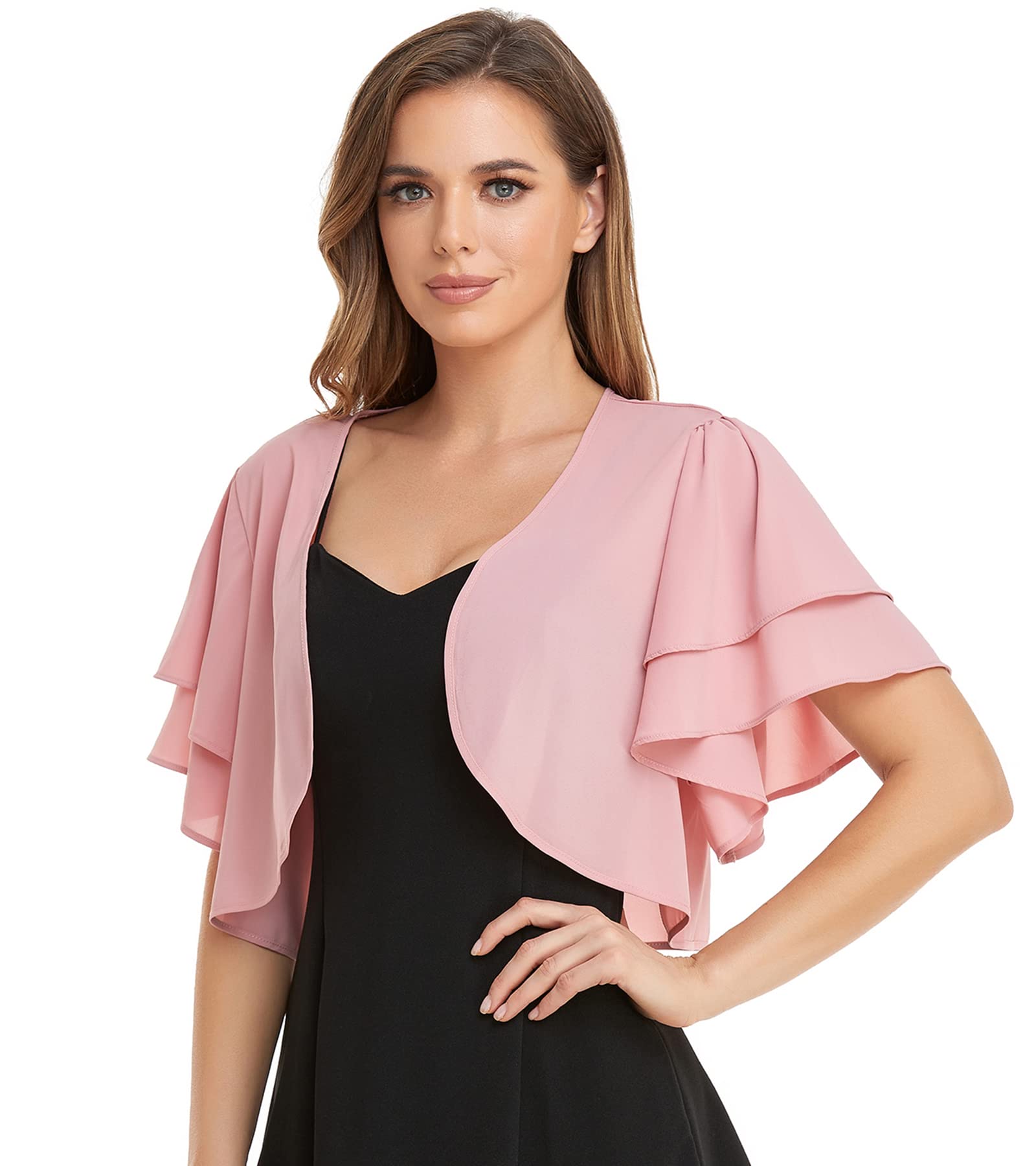 Women Short Sleeve Shrug Cropped Bolero Open Front Chiffon Cardigan for Evening Dress