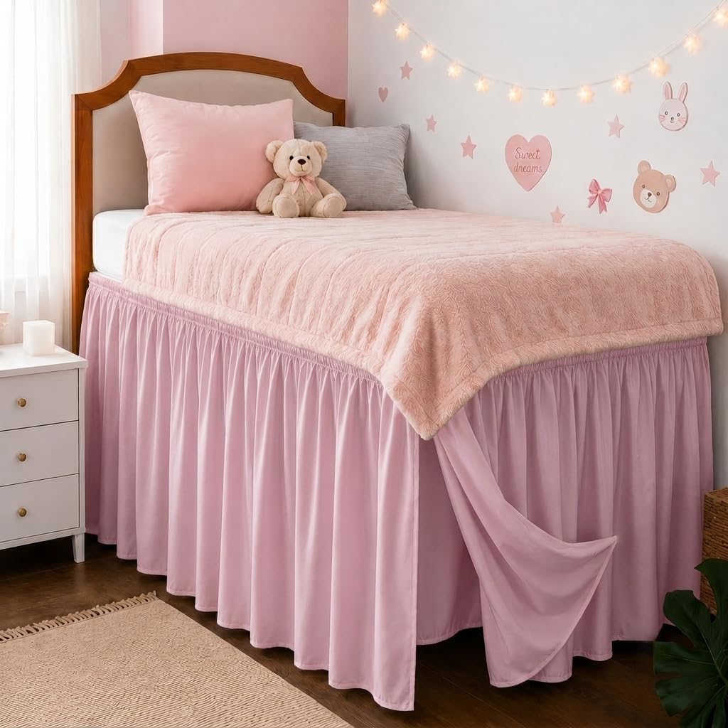 College Dorm Bed Skirt Twin XL 36" Drop, Slit Corner Bedskirt, Dusty Pink