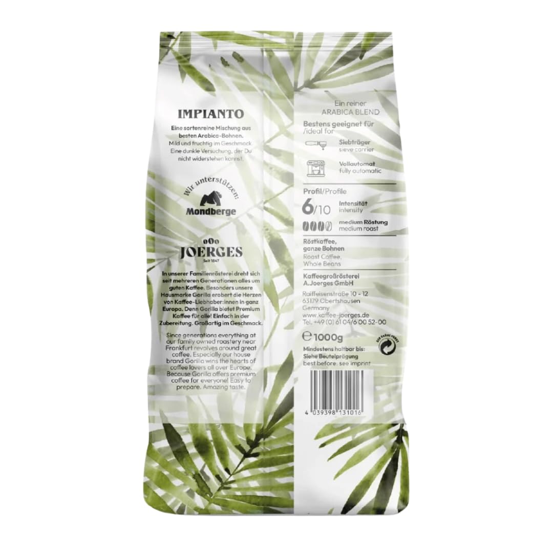 Joerges Gorilla Espresso Impianto Schokoladige Ganze Bohnen mit Fruchtigem Abgang, 1 kg
