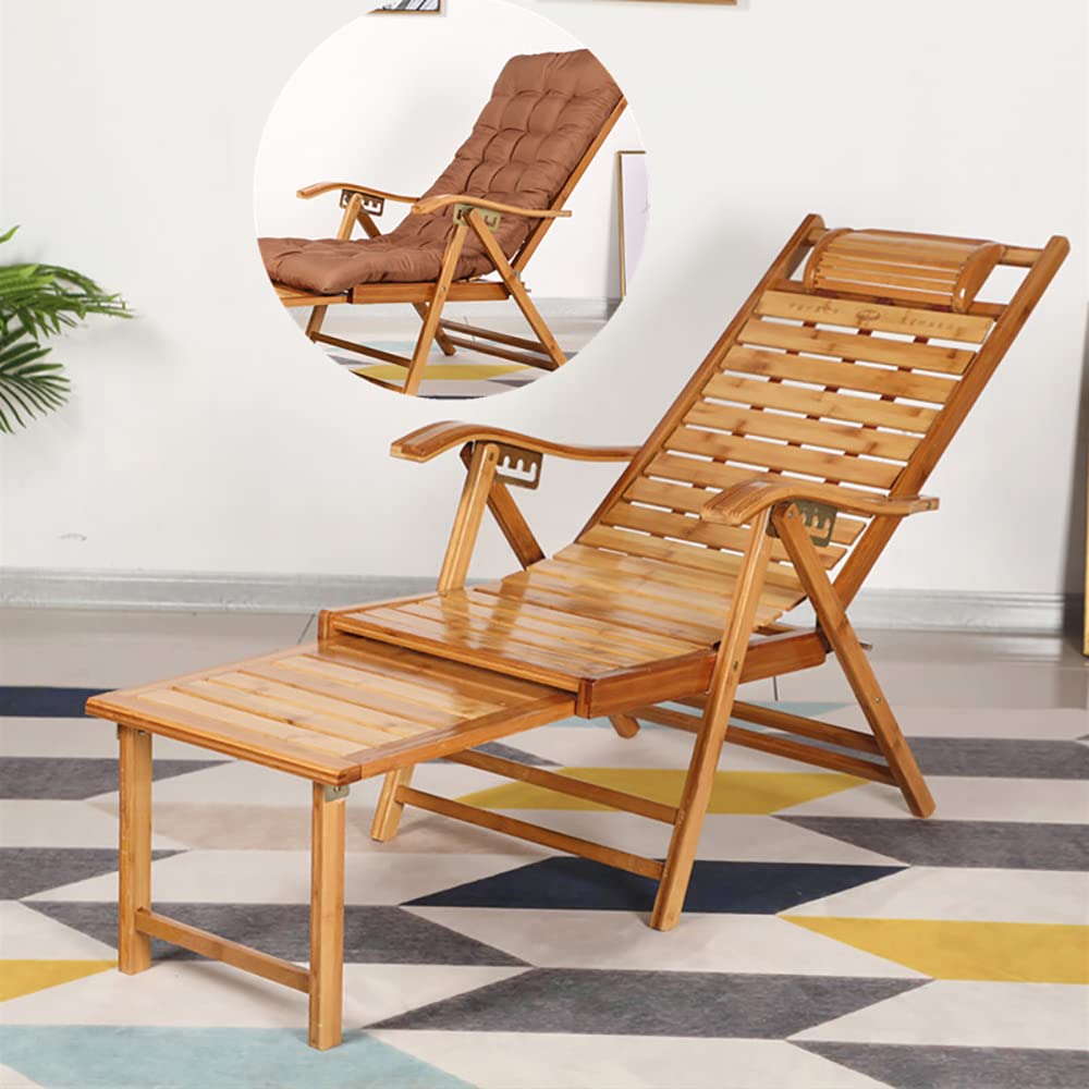 UBP Reclining Chair,Lounge Chairs with Adjustable Backrest, Folding Bamboo Recliner with Footrest，Ergonomic Curve Headrest，for Balcony, Garden ，Beach Poolside (Wood, CQTY-CHY-01-With Cushion)