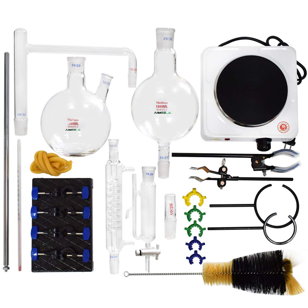 Nuevo 1000 ml laboratorio aceite esencial destilación aparato destilador agua purificador kits cristalería con estufa caliente condensador Graham