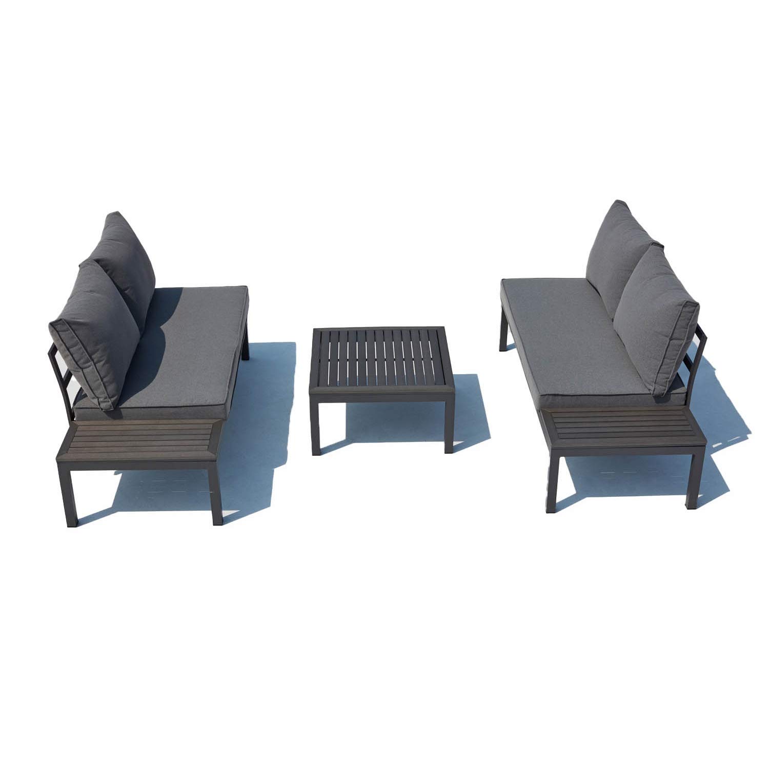 CONCEPT USINE - Salon de Jardin Bas Modulable 4 Places Gris Foncé Design Lolea - Aluminium et Acier - Table Basse Carrée - Dossier Assise Déhoussables - Résistant, Imperméable