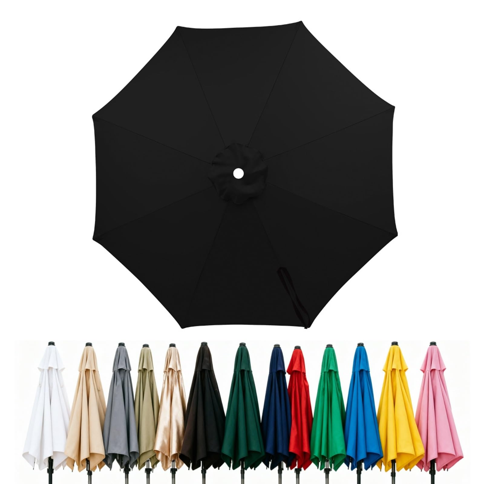 Fade Resistant Parasol Replacement Canopy for 6/8 Ribs, 2m 2.7m 3.0m 4m Garden Umbrella Cover, Waterproof UV30+ Patio Market Parasol Top (Fits Rib Length 112cm/148cm)(Black,(6Rib)200cm)
