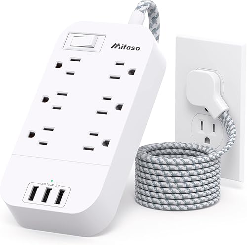 Regleta de alimentación plana  Cable de extensión de enchufe de 5 pies, 6 tomacorrientes, 3 puertos USB, extensor de salida con protección contra