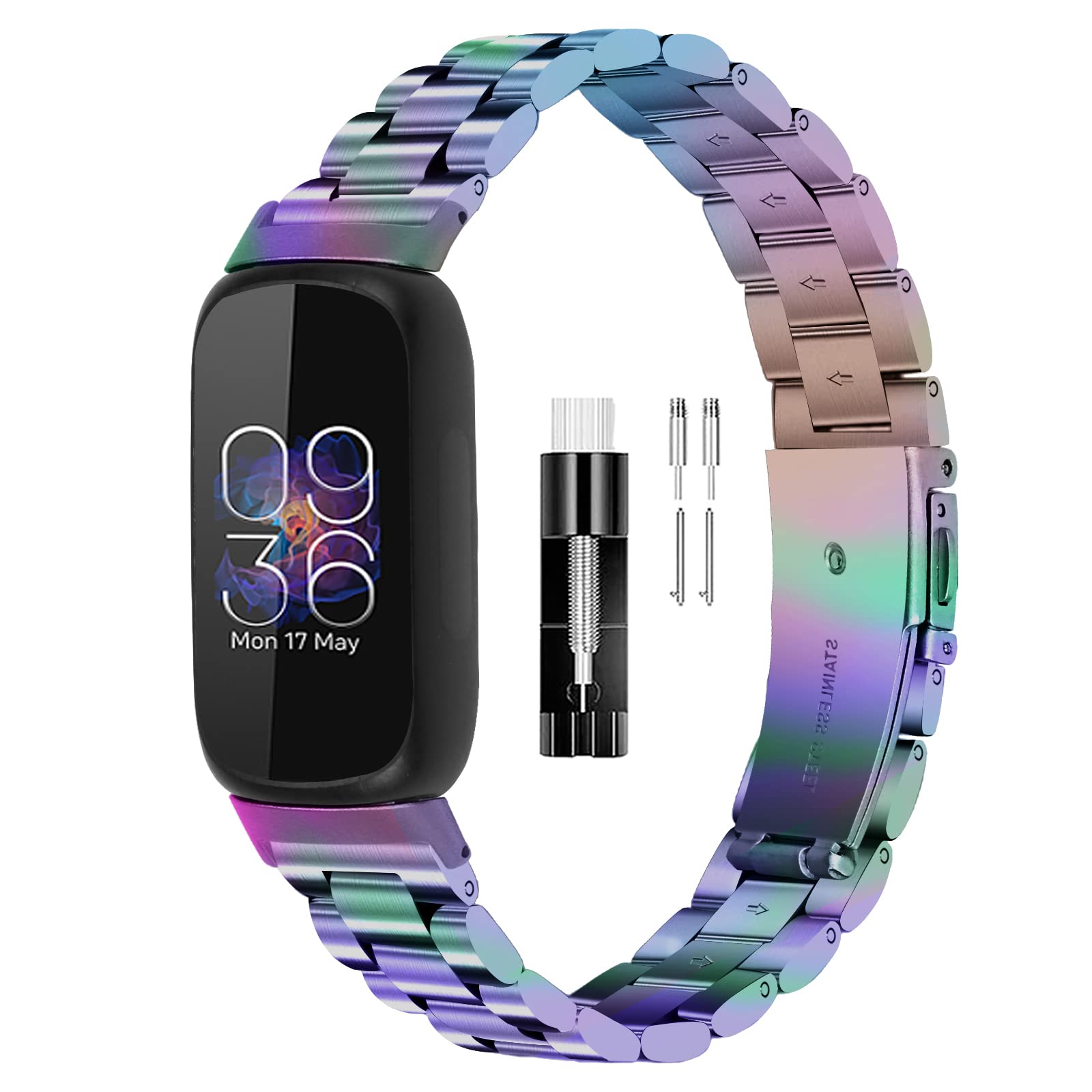 FitTurn Bands Compatible with Fitbit inspire 3 Metal Stainless Steel Watch Band Replacement Classic Durable Solid Link Accessory Buckle Metal Strap Wrist Band for inspire 3 Fitness Wellness Tracker