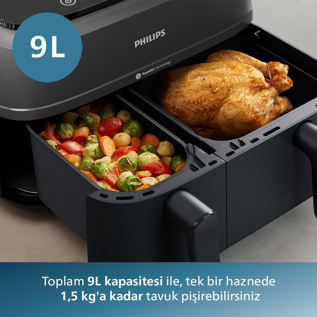 Philips Çift Hazneli Airfryer 3000 Serisi, 9L, 2 Hazneli Air fryer, Rapid Air Teknolojisi, Aileniz için Çok Yönlü Geniş Airfryer, Daha Az Yağ, Enerji Tasarrufu, HomeID Uygulaması (NA350/00)