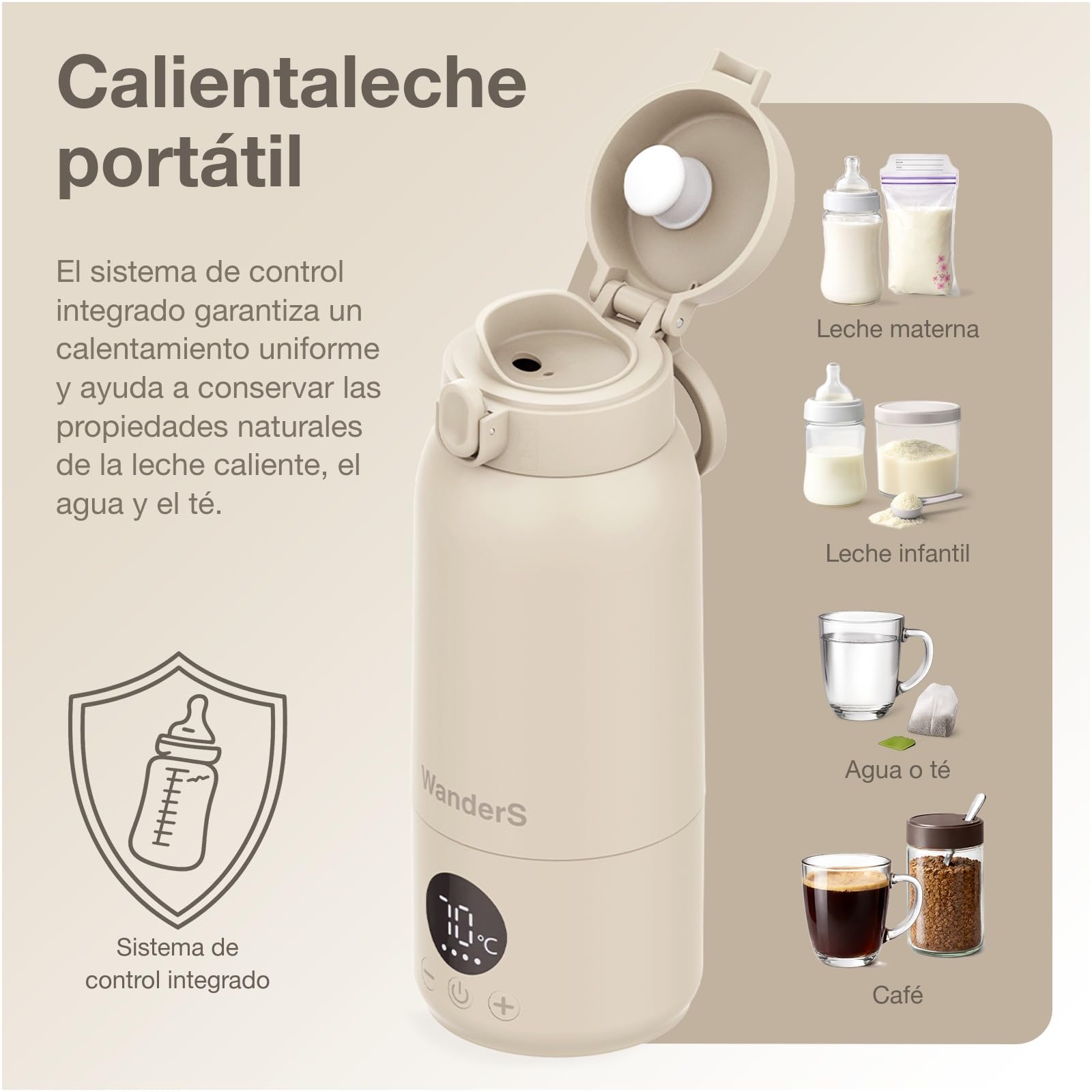Calienta Biberones Portátil de WanderS – 500ML Calentador de Biberones para Viaje - Control de Temperatura, Esterilización, Acero Inoxidable 316L, Carga USB-C, Impermeable IPX6 y Bloqueo de Seguridad