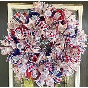 Beautiful Old Fashioned Fireworks & Stars Farmhouse Style Patriotic Rustic Navy Blue & Red 4th of July, Memorial Day, Summer, Deco Mesh Floral Door Wreath, RWB Farm Beautiful Old Fashioned Fireworks Stars Farmhouse Style Patriotic Rustic Navy Blue Red 4th of July Memorial Day Summer Deco Mesh Floral Door Wreath RWB Farm