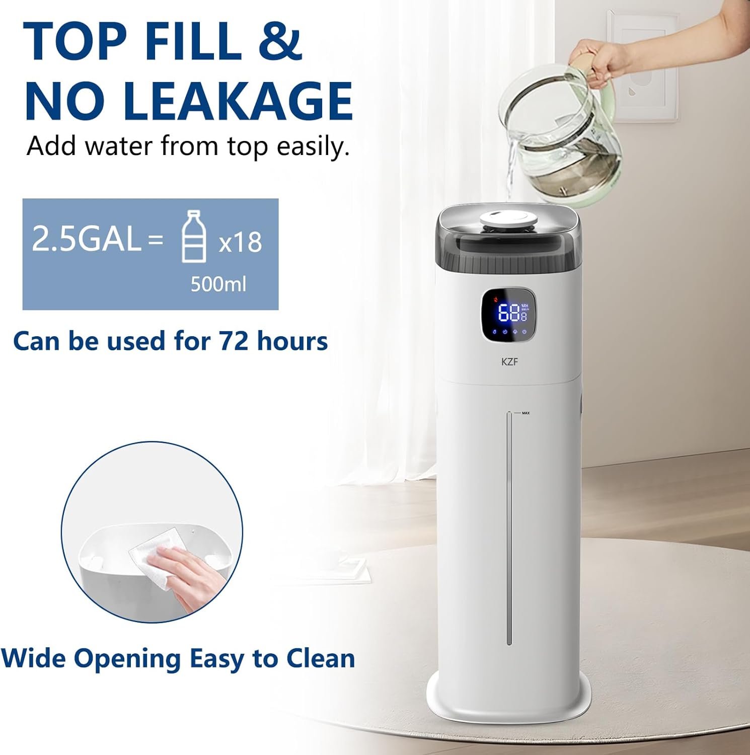KZF Large Humidifier for Bedroom, 9L/2.5Gallon Ultrasonic Cool Mist Humidifier with Humidistat, 360°Nozzle, 350ML/H Big Mist Level, Suitable for Kids Room Livingroom Yoga Office Plant,White 5 61dYt4bR2ML. AC SL1500