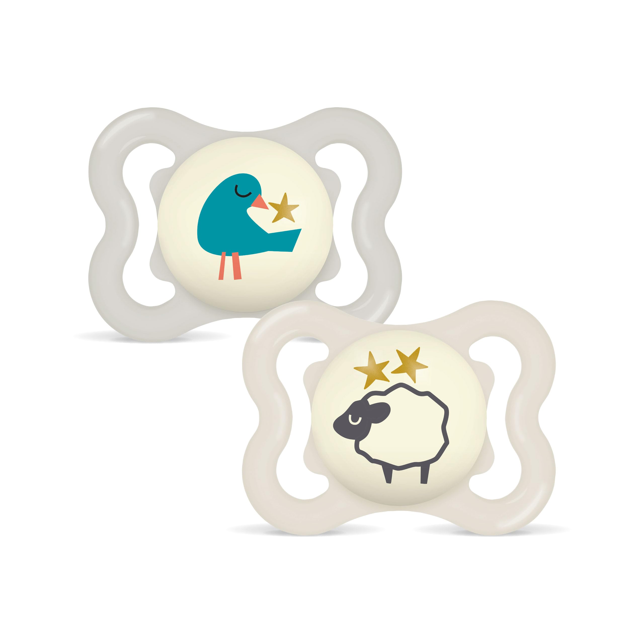 MAM Supreme Night Schnuller | 0-6 Monate | leuchtende Babyschnuller | 94% Akzeptanz | beugt Zahnfehlstellungen vor | Schnuller für Neugeborene | SkinSoft Silikon | Vogel/Schaf | 2 Stück