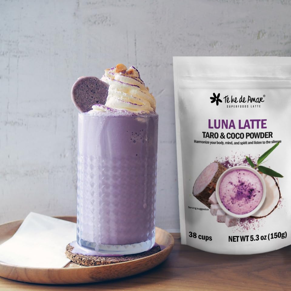 Miniatura 5 de LUNA LATTE TARO & COCO  TE HE DE AMAR. Peso neto 5.3 oz (150g) 38 tazas. Taro, Coco, Batata Morada, Canela, Vainilla. 100% natural, puro, en polvo,