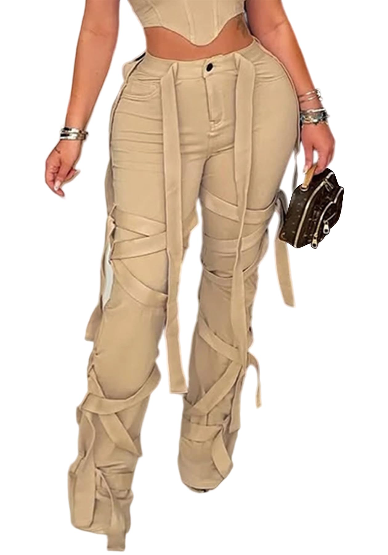DINGANG High Waisted Pants for Women Straight Leg Lace Up Stretchy Casual Joggers with Pockets