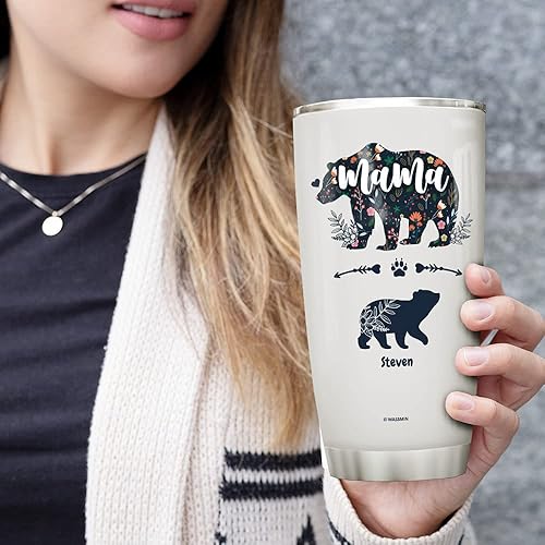 Miniatura 5 de WASSMIN Vaso personalizado de acero inoxidable con tapa, de 20 onzas, 30 onzas, doble pared aislada al vacío, de 20 onzas, mamá oso, regalos de