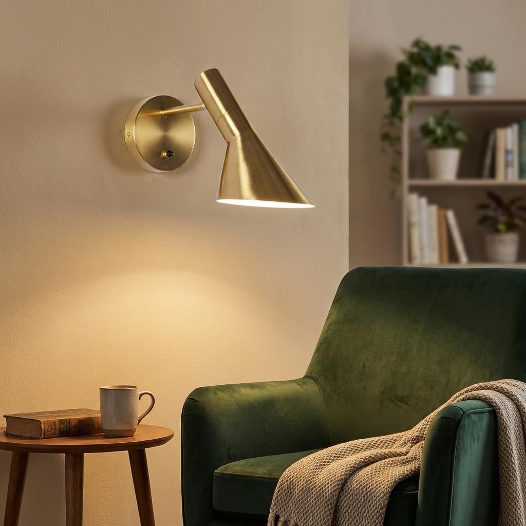 BARCELONA LED Applique da Parete Interno Design in Alluminio Oro, Lampada da Muro Vintage Paralume Orientabile, Attacco E27 Ideale Testiera Letto, Camera da Letto Soggiorno