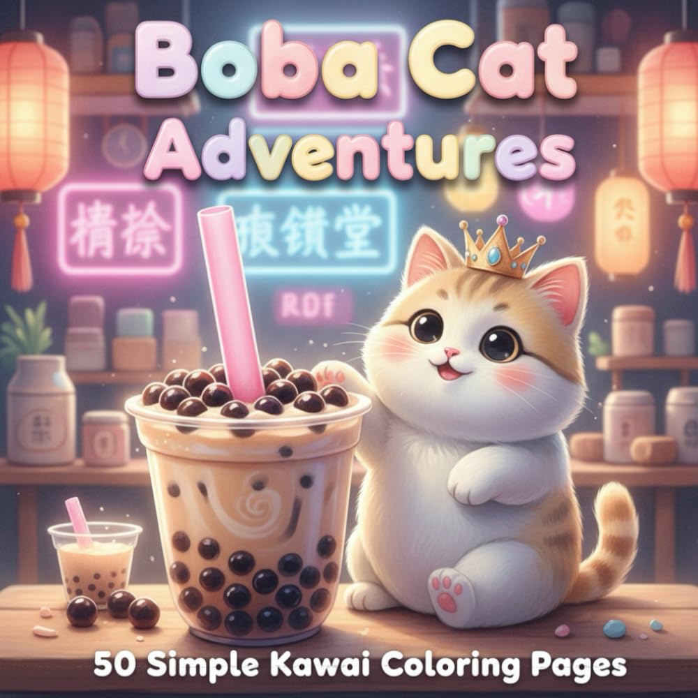 Boba Cat Adventures: 50 Simple Kawaii Coloring Pages for Toddlers & Kids