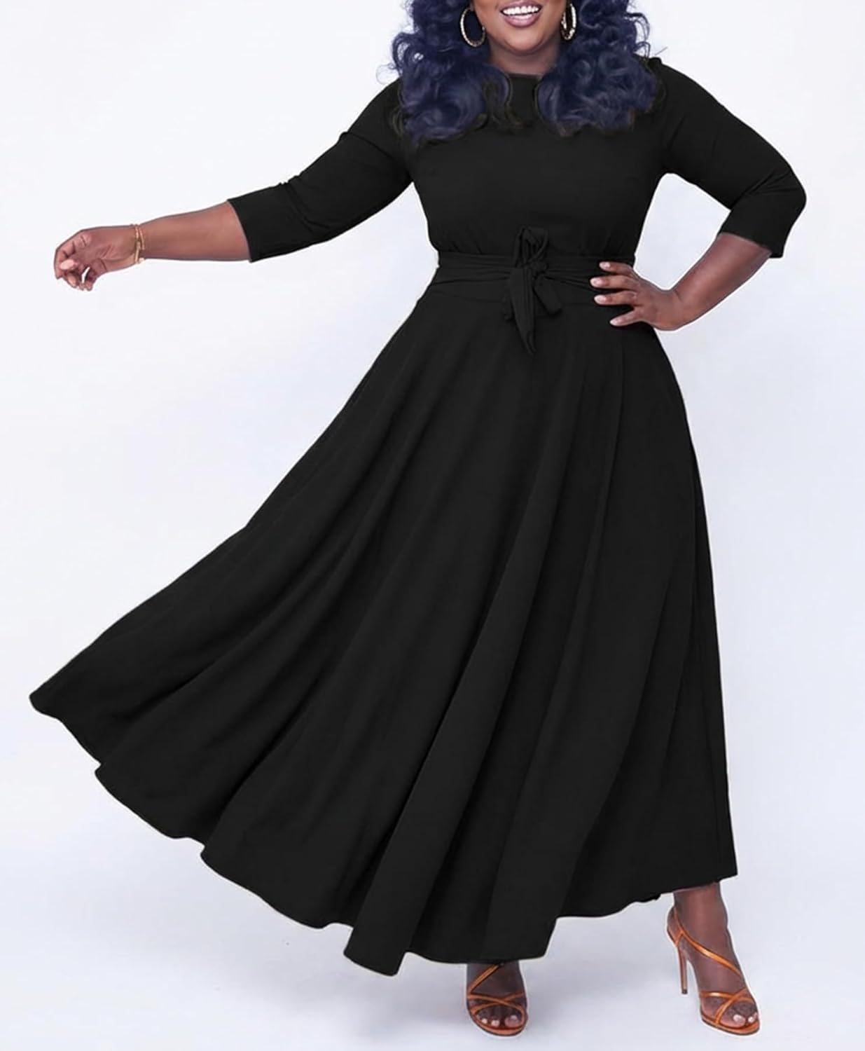 Casual Floral Print Plus Size Maxi Dress for Women 3/4 Sleeve High Waist Flowy Ruffle Fall Dresses with Belt - Image 2