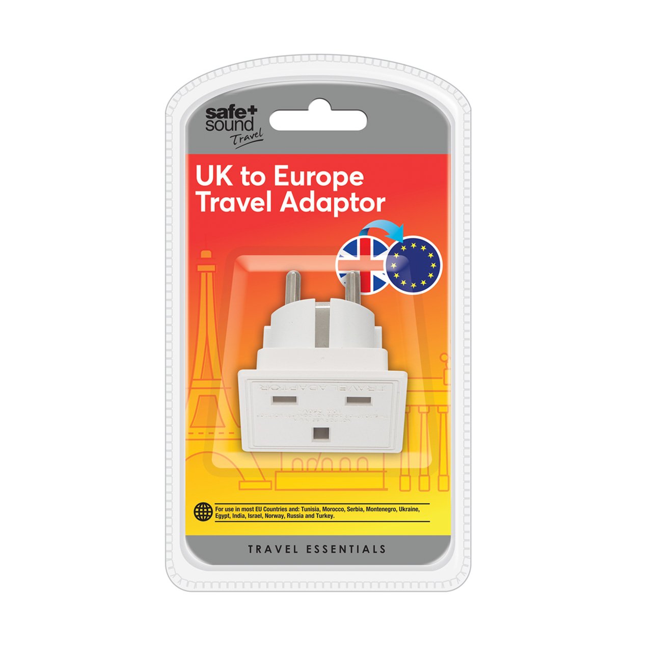 Safe and Sound European Travel Adaptor, Single Socket, UK 3 Pin to 2 Pin Converter, White
