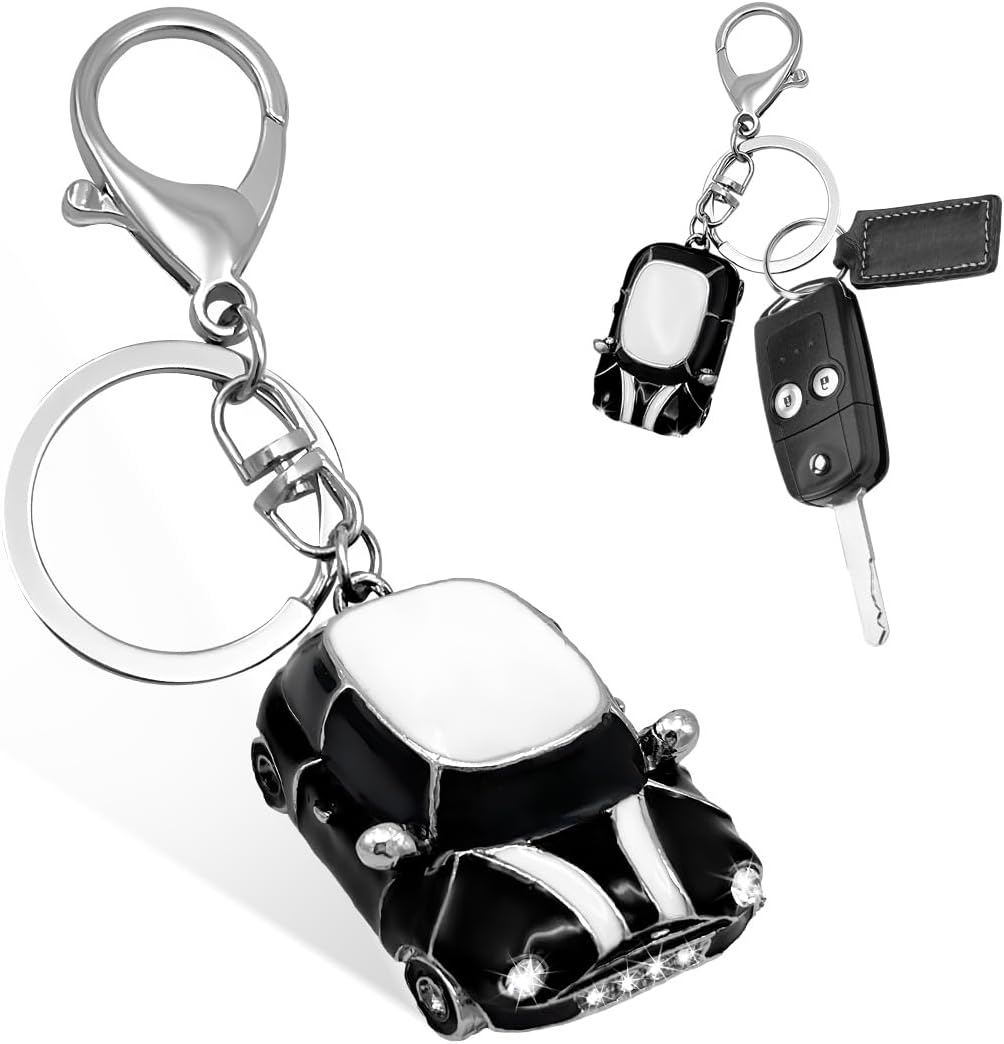 povtii Car Key Chain, Rhinestone Detail 3D Cute Car Model Keychain, Mini Cooper Metal Key Chain with Ring, Car Accessories (Black)