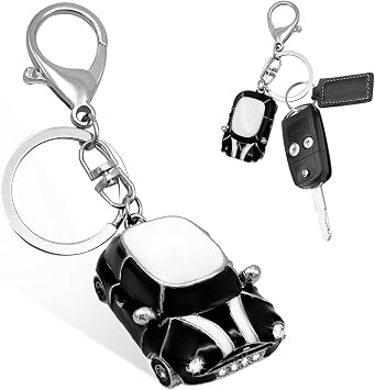 povtii Car Key Chain, Rhinestone Detail 3D Cute Car Model Keychain, Mini Cooper Metal Key Chain with Ring, Car Accessories Black