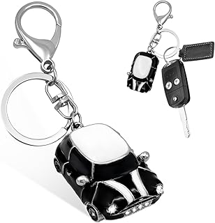 Car Key Chain, Rhinestone Detail 3D Cute Car Model Keychain, Mini Cooper Metal Key Chain with Ring, Car Accessories (Black)