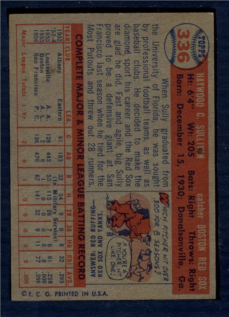 1957 Topps #336 Haywood Sullivan NM Near Mint RC Rookie Boston Red Sox Baseball