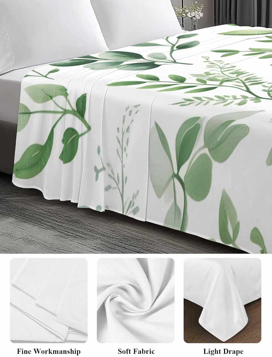 Top Sheet Full Bedding Flat Sheet Only, Spring Countryside Green Leaves Microfiber Bed Sheets Soft Breathable Bedding Flat Sheets, Farm Plants Hotel Luxury Top Sheets
