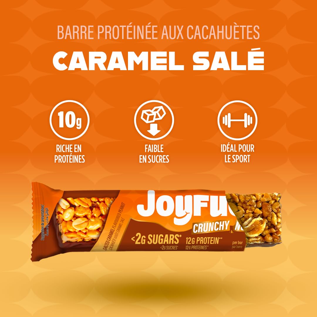 JOYFUEL Barre Protéinée Crunchy Nuts Cacahuète Caramel Salé 12x47g | 12g de Protéines, <2g de Sucre, Sans Gluten