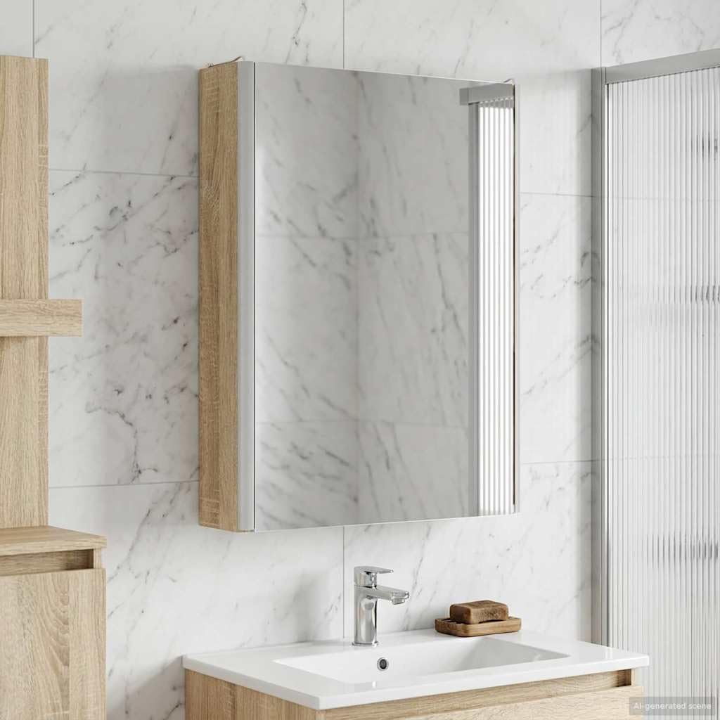 «Armario con espejo de baño de roble Sonoma, 43 x 11,5 x 60,5 cm, material de madera con estantes ajustables, iluminación LED, montaje en pared para baño, aseo de invitados, espacio de