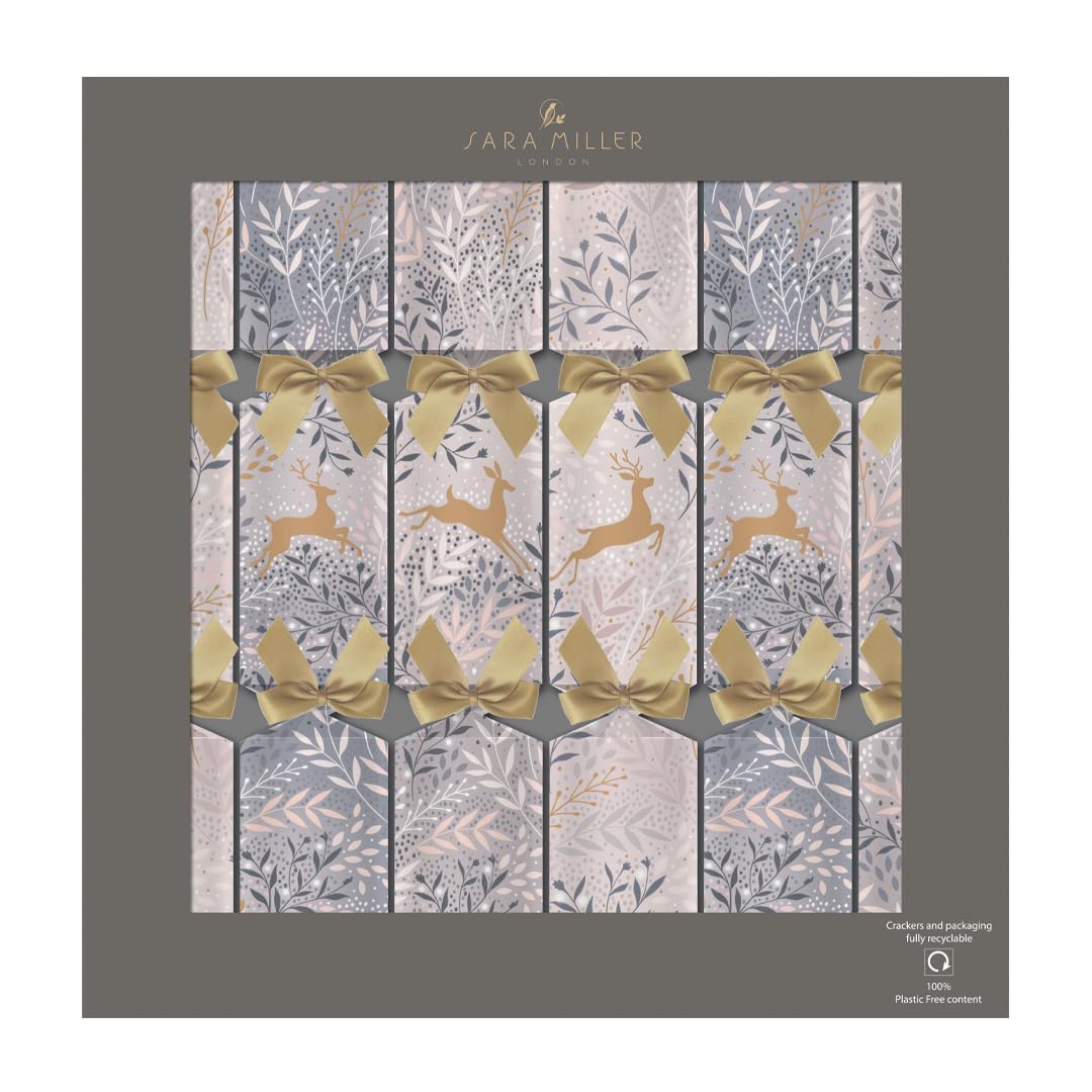 Penny Kennedy Sara Miller Designed Christmas Crackers - Prancing Reindeer Design - Tray of 6 x 13 Inch - Eco Friendly Plastic Inside - Luxury Deluxe Christmas Crackers