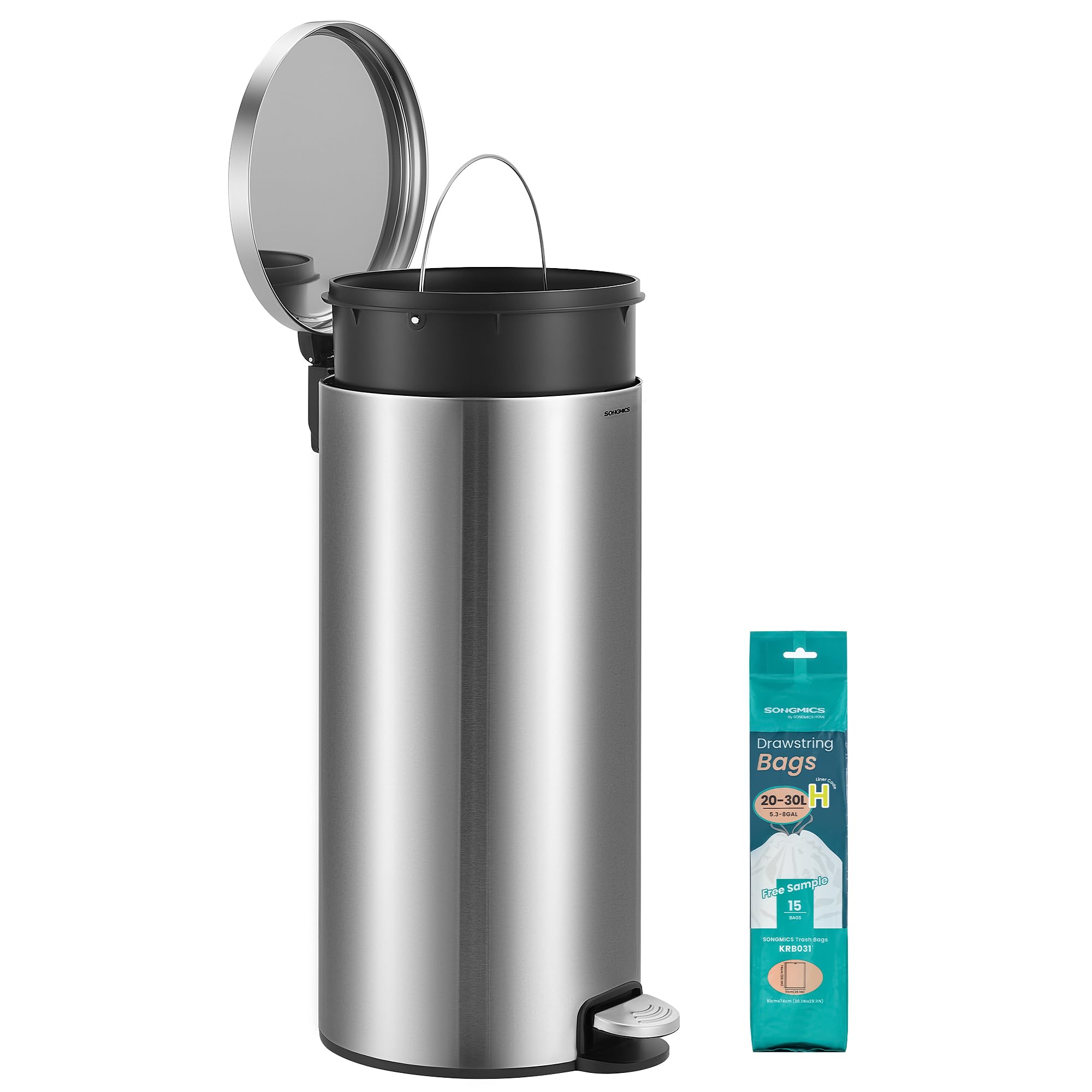 SONGMICS Kitchen Bin, Round Trash Bin with 15 Trash Bags, Metal Pedal, Removable Plastic Inner Bucket, Handle, Soft-Close Lid, Stainless Steel, 8 Gallons (30 L), Silver LTB031EZ02