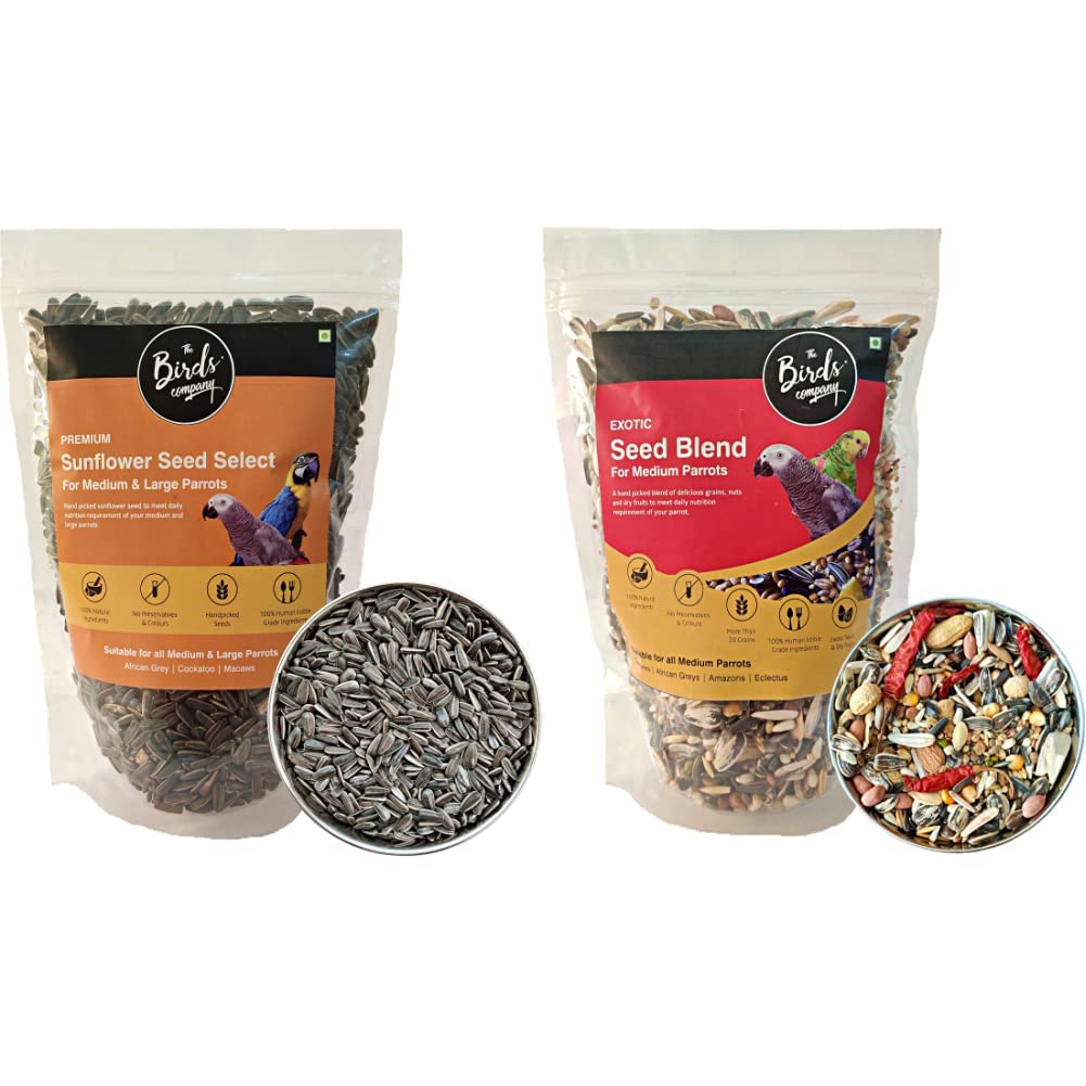 The Birds Company Premium Striped Sunflower Seed,Fortified & Spirulina & Cuttlefish Bone,Bird Food,450g & Seed Blend of 20 Grains & Exotic Nuts,Fortified & Spirulina & Cuttlefish Bone,Bird Food,450g