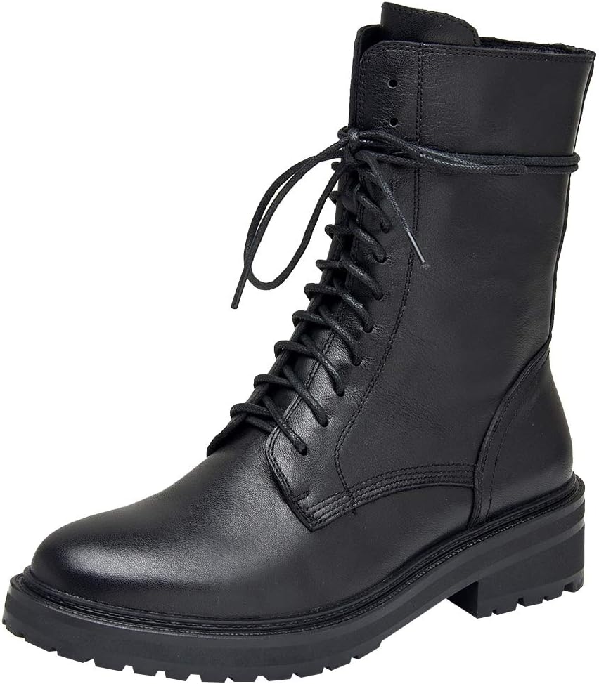 rismart Women's Mid Calf Military Boots Leather Lace Up Motorcycle Combat Shoes