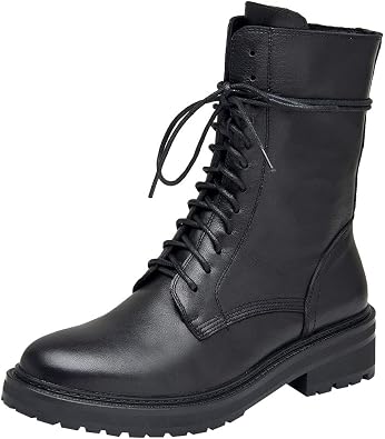 rismart Womens Mid Calf Military Boots Leather Lace Up Motorcycle Combat Shoes