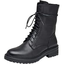 rismart Womens Mid Calf Military Boots Leather Lace Up Motorcycle Combat Shoes