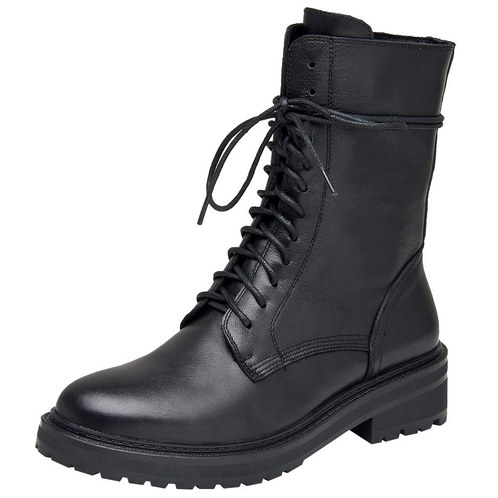 rismart Damen Biker Boots Mid-Calf Leder Stiefeletten mit Reißverschluss Schnürer Klassisch Stiefel