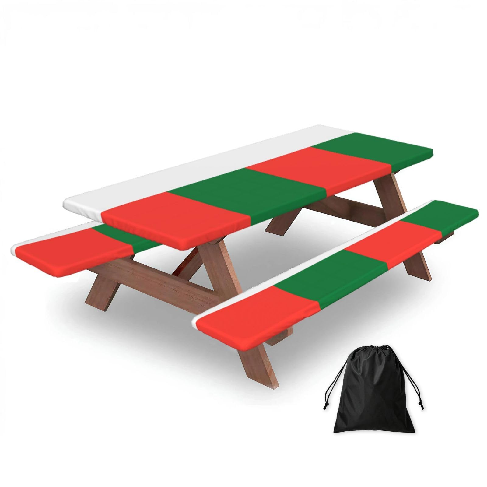 Erwqavc Black Flag Of Madagascar Print Picnic Table Cover & Bench Covers 3-Pack Set, Elastic Tablecloths For 6 Ft Rectangle Tables