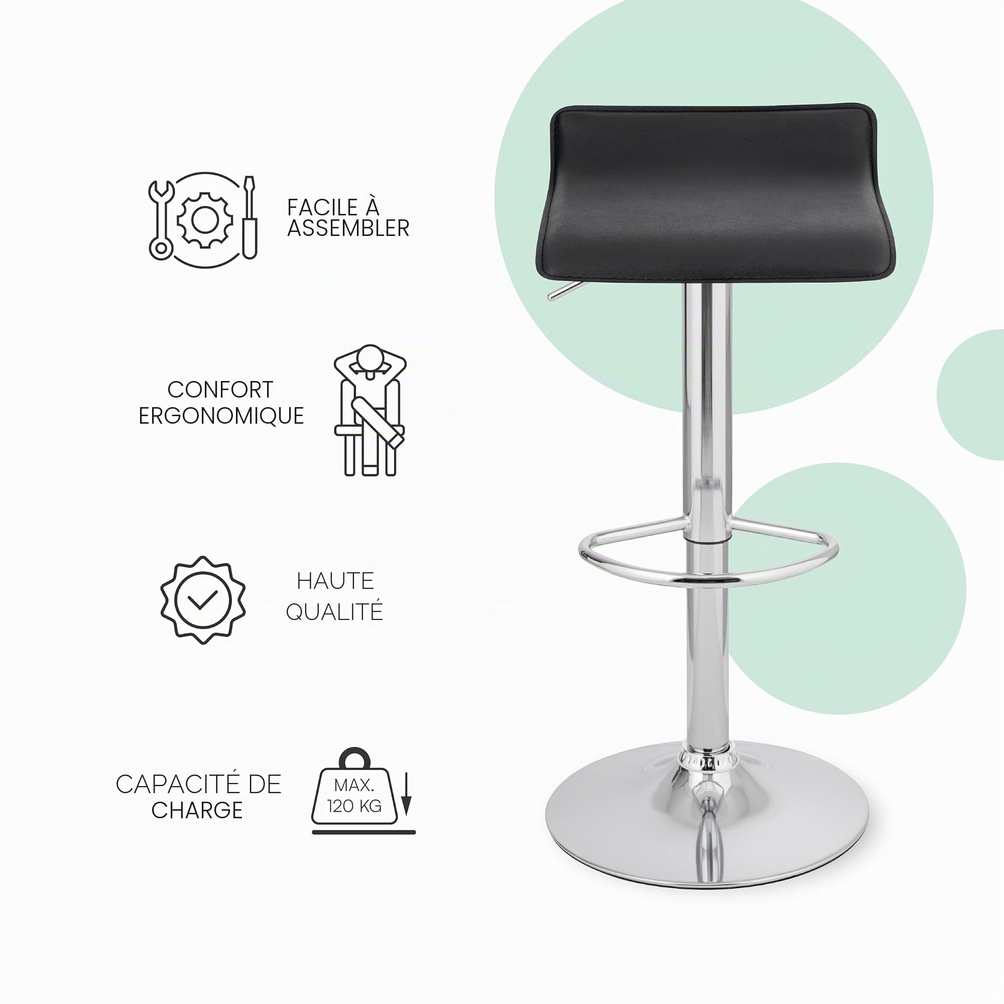 Baroni Home Tabouret de Bar Pivotant avec Hauteur Réglable, Base Chromée avec Repose-Pieds et Fond Anti-Rayures, Tabouret Cuisine et Péninsule, Facile à Installer, 38x45x59-79 cm, Noir 1 pièce