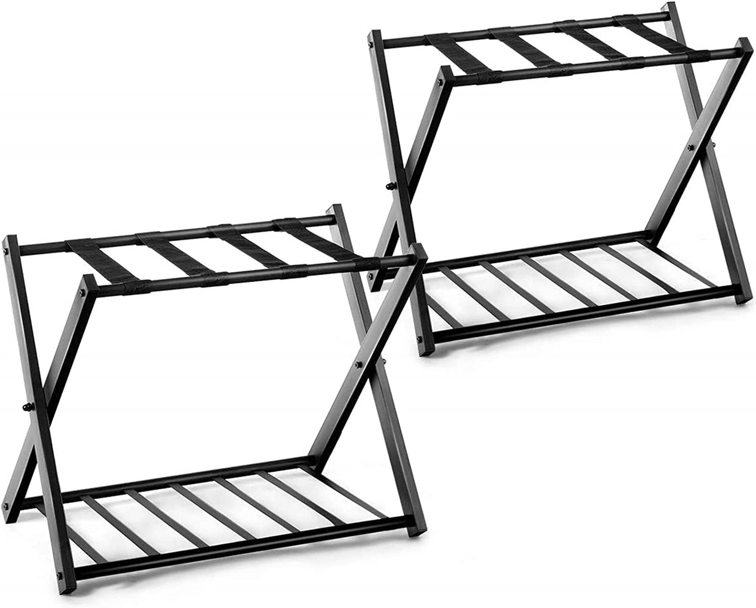 2-Pack Luggage Rack- Folding Luggage Stand,Metal Suitcase Suitcase Holder,2 Tier Bedroom Bedside Tray Rack, Guest Room Suitcase Rack with Shoe Rack,for Home/Bed,2pcs