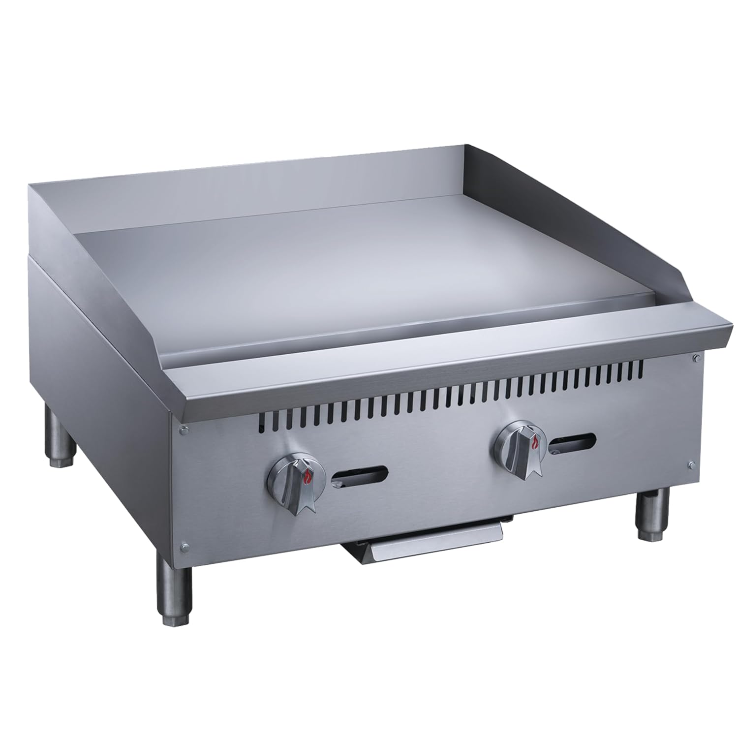 FSE 24-Inch Gas Griddle, Countertop, 2 Burners (60,000 BTU/H), 1" Polished Steel Plate, Independent Manual Controls, Seamless Drip Pan, Stainless Steel, NG/LP Convertible, Adjustable Legs