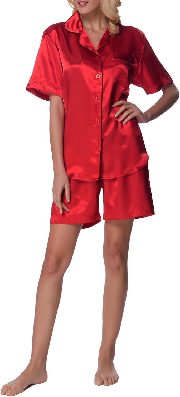 Women's Short Sleeve Classical Silky Satin Pajamas, Short Bottom Sleepwear - Image 2