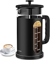 Vista 15 de QUQIYSO Cafetera de prensa francesa de acero inoxidable 304 con 4 filtros, resistente al calor, duradera, fácil de limpiar, prensa de café de vidrio