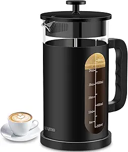 QUQIYSO French Press Coffee Maker, 304 Stainless Steel French Press with 4 Filter, Heat Resistant Borosilicate Glass, Easy to Clean, BPA Free Coffee Press Rust-Free Coffee Maker, 34 ounce, Black