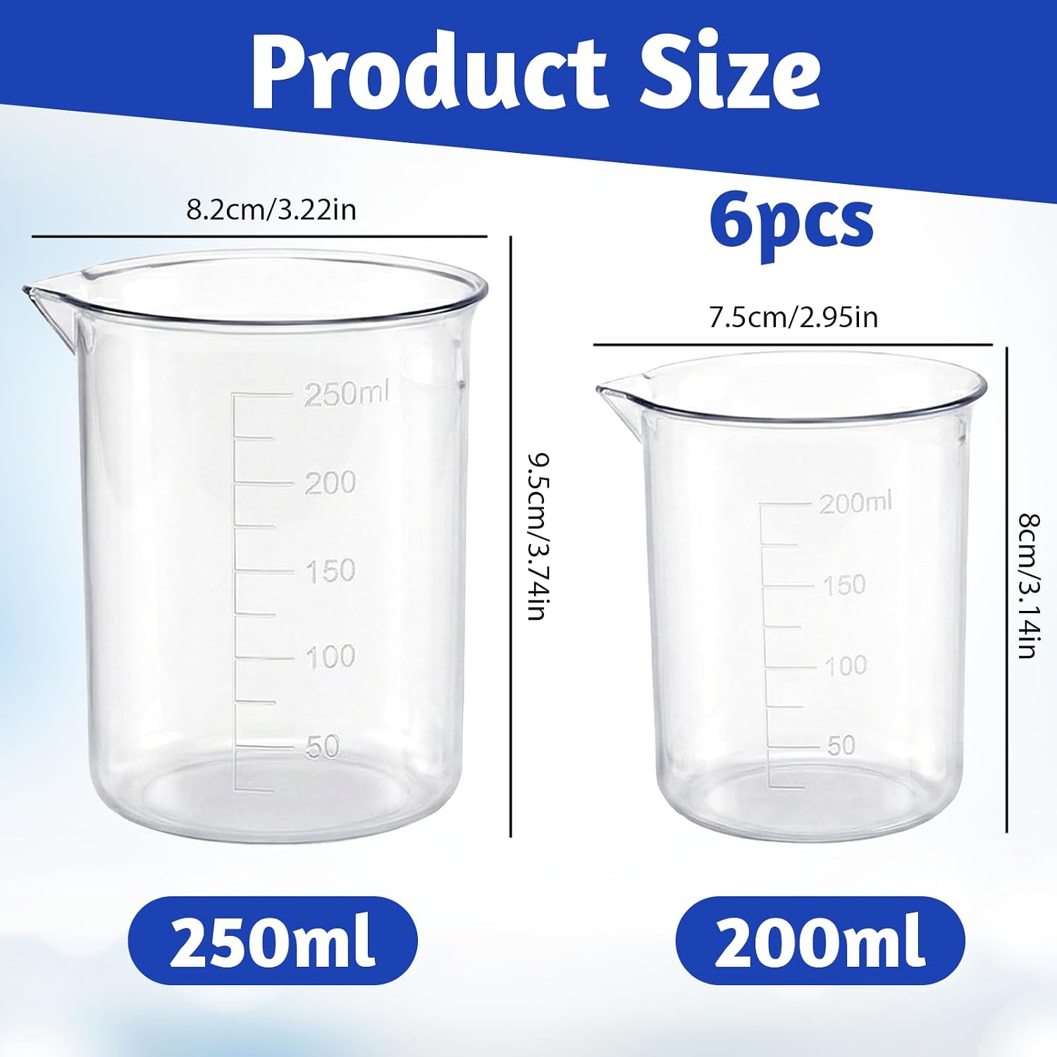 Plastic Beaker Set, 6 Sizes Low Form Measuring Graduated Polypropylene Beakers - 25ml, 50ml, 100ml, 150ml, 200ml, 250ml for Science Lab Classrooms Home with 6 Plastic Droppers in 3 ml
