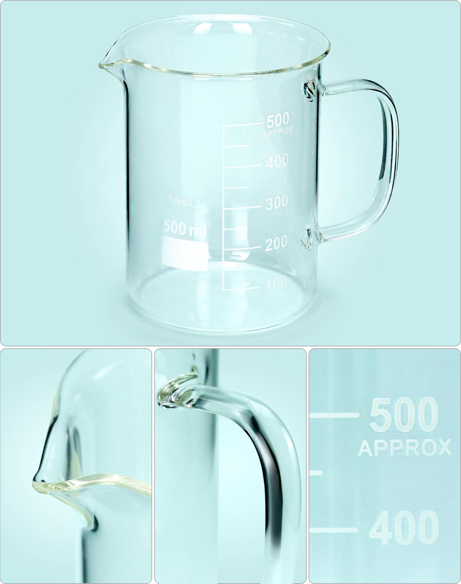 QWORK Kit de taza medidora de vidrio de borosilicato, 3 piezas (500 ml + 1000 ml + 250 ml) taza de vaso con asa, boquilla en forma de V, vaso de medición
